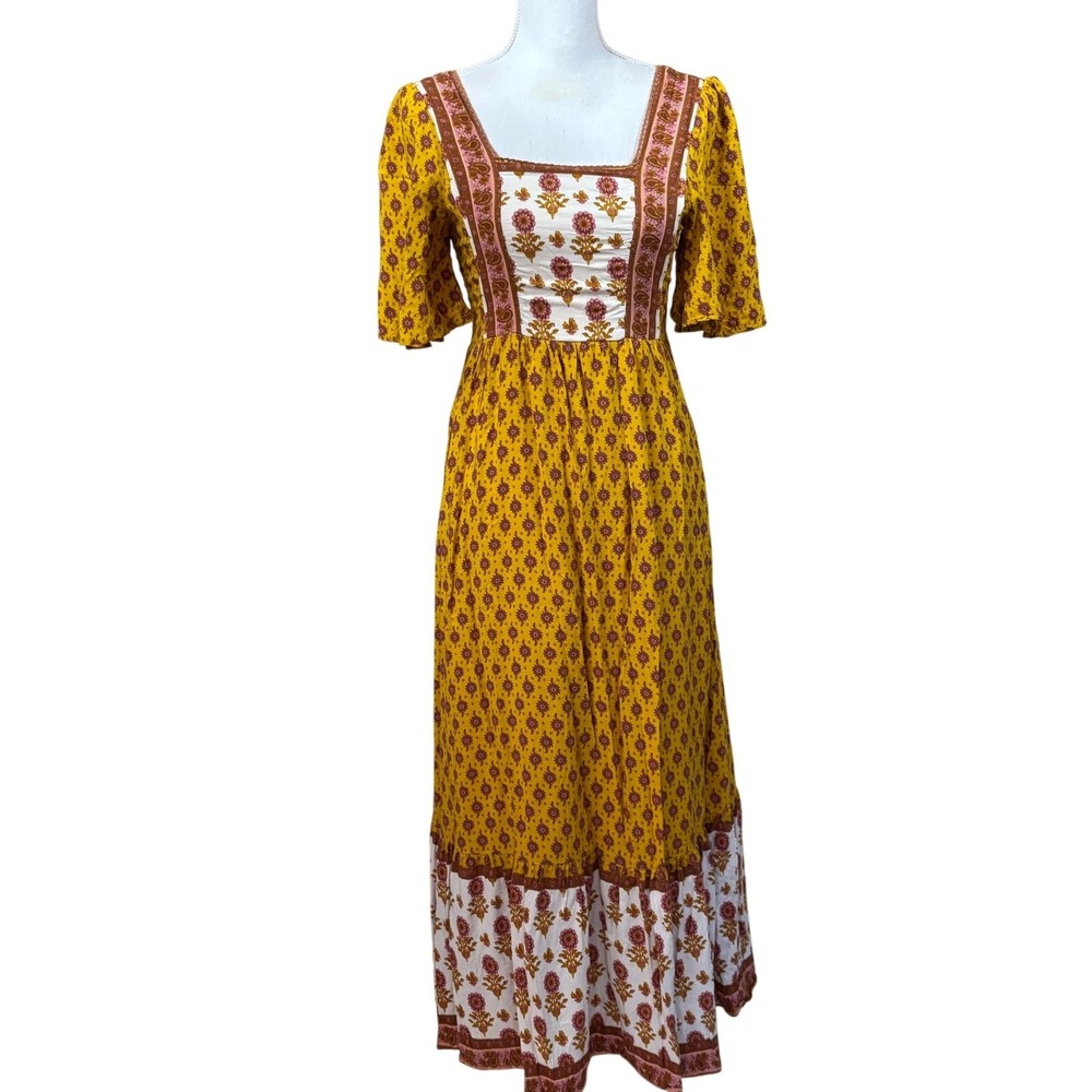 In Loom Mustard Floral Paisley Smocked Maxi Dress, M, farmhouse, boho, feminine